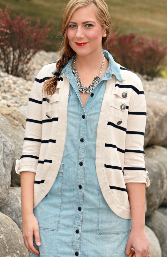 Striped Cardigan and Red Lips, red ysl lipstick, red muse lipstick, ysl red muse, braid, hairstyles, easy hairstyles, striped top, dress