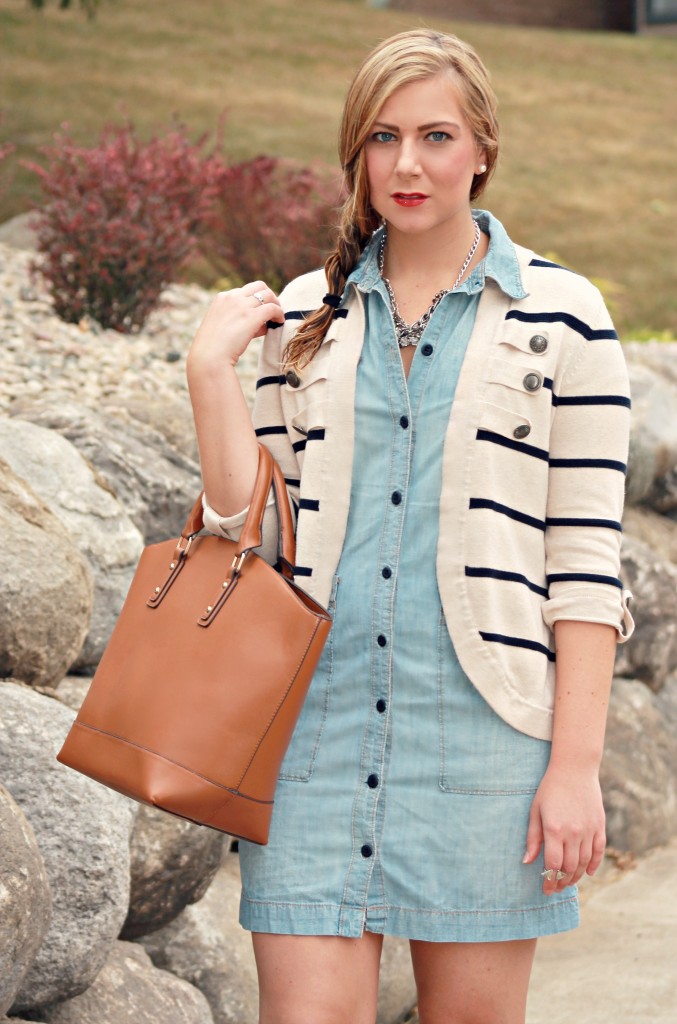 Tote and Striped Cardigan, braid, red lipstick, red lips, YSL red lipstick, striped cardigan