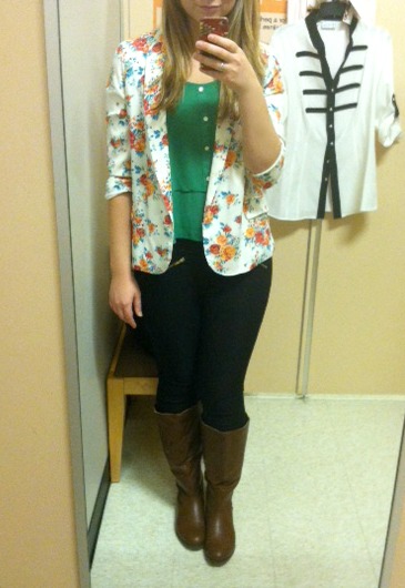 floral blazer and green top outfit