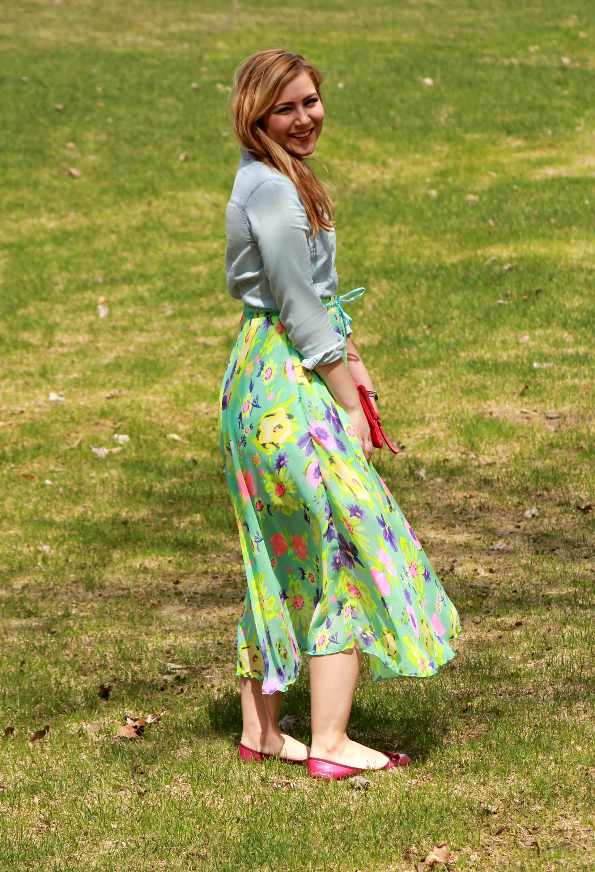 spring outfit, floral maxi skirt and chambray