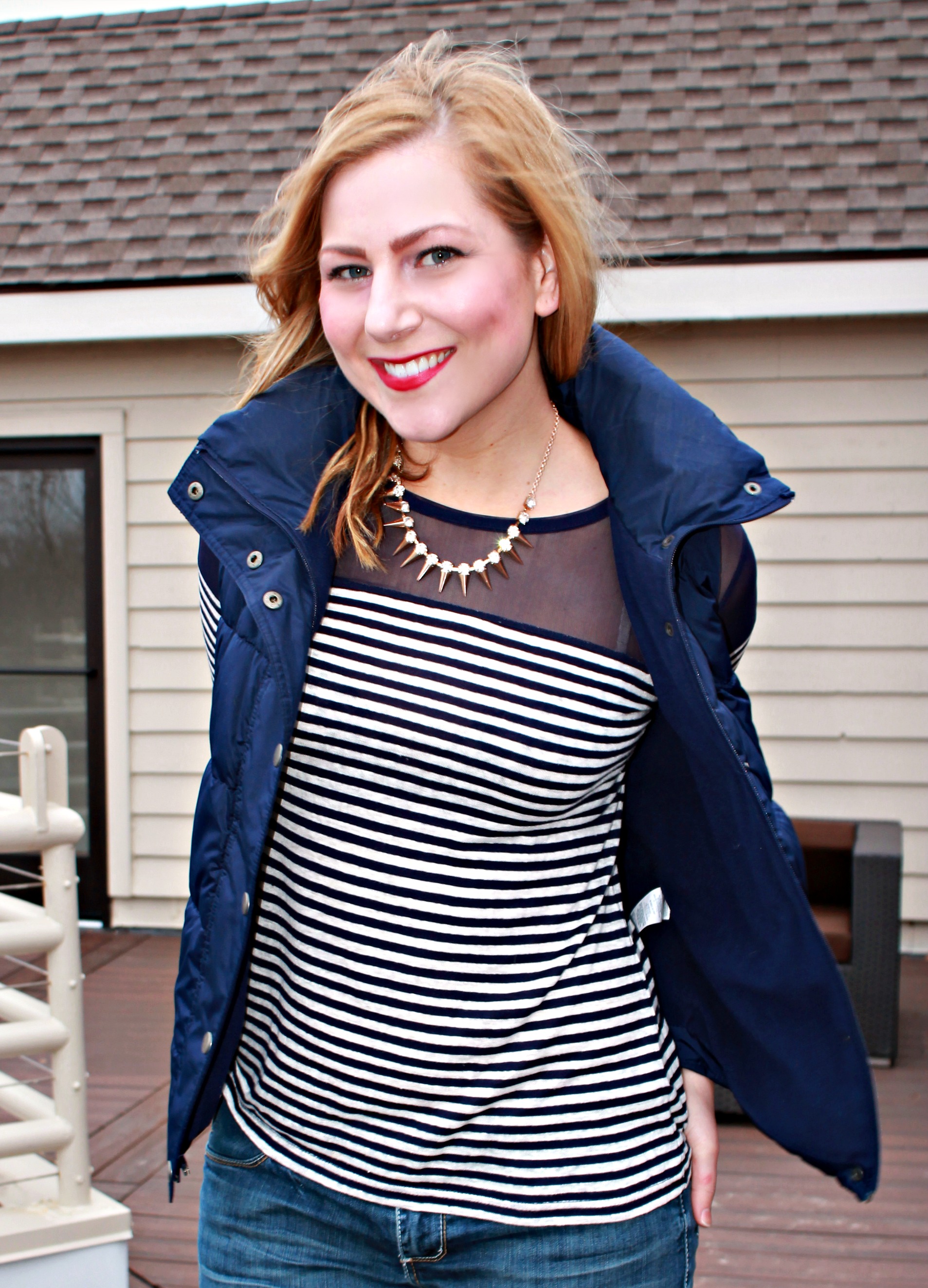 striped shirt, old navy puffer vest