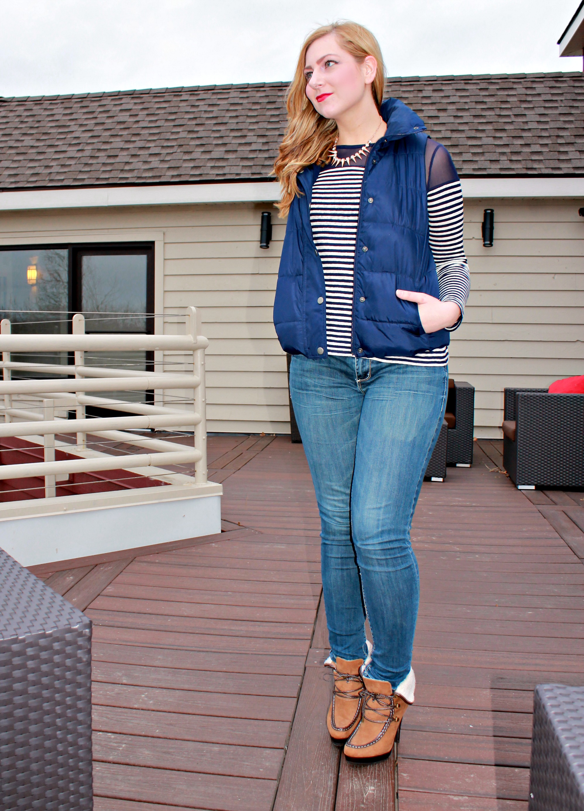 striped top, wedged booties