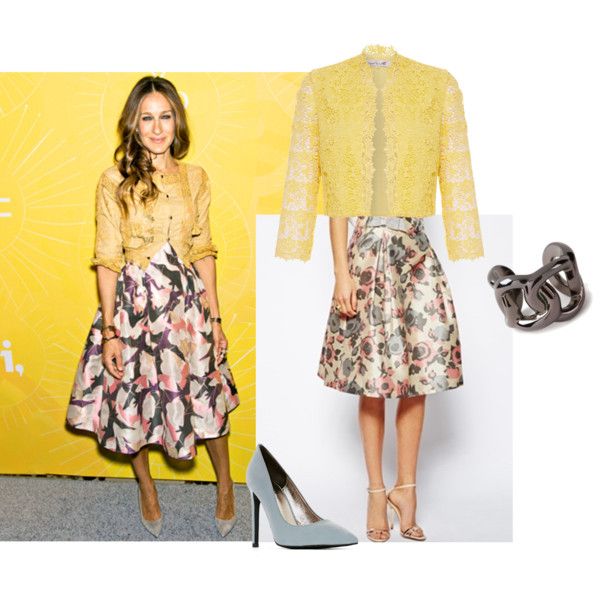 Sarah Jessica Parker fashion; floral skirt and lace jacket