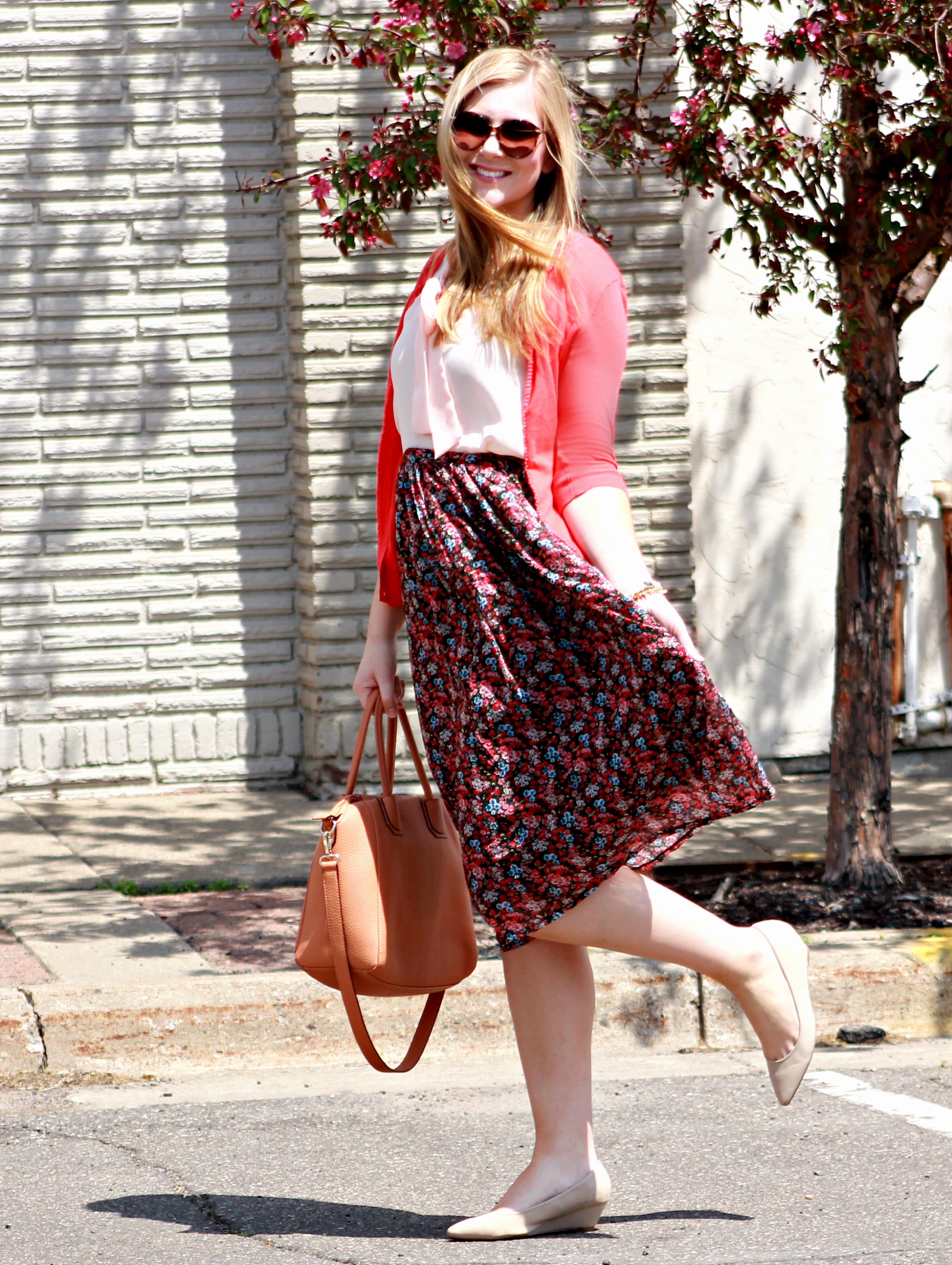 Floral Print Skirt + Bow-Tie Top + Coral Cardigan
