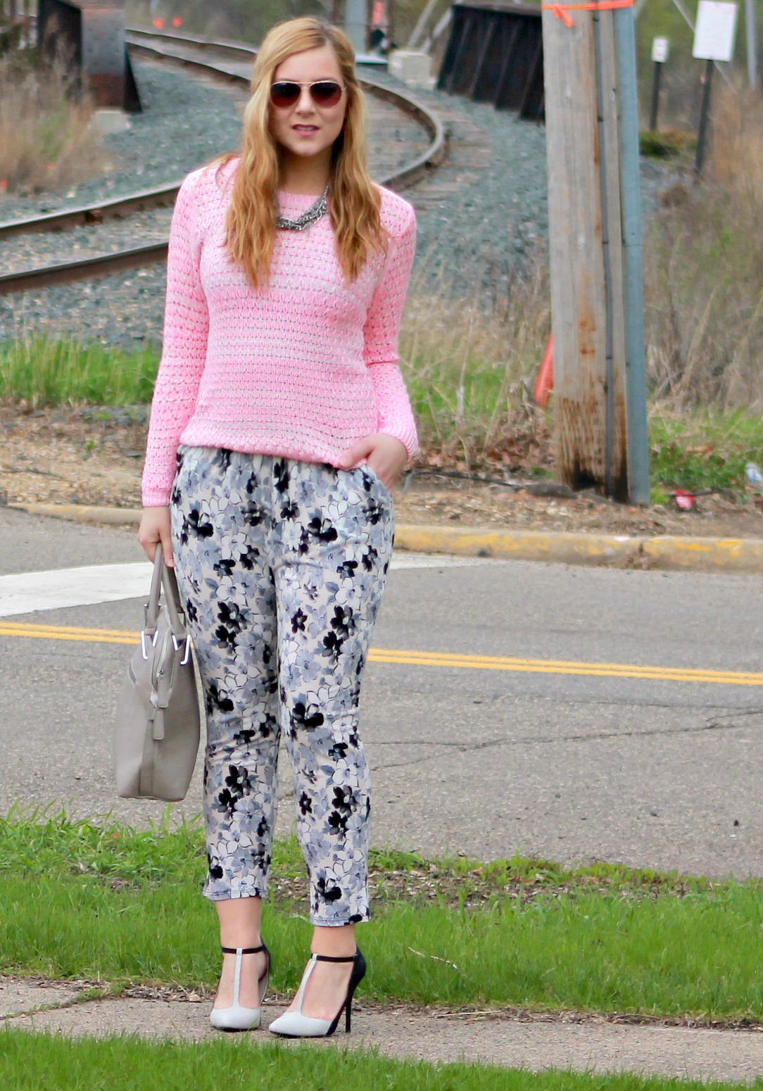 Pink Sweater, Floral Pants, T-Strap Heels
