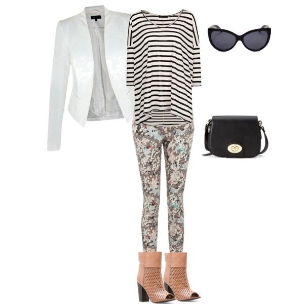 Striped Top + White Blazer + Floral Jeans