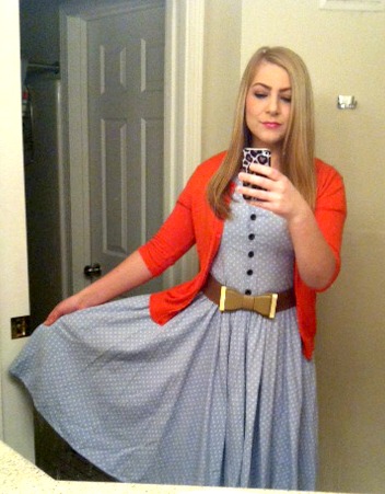 Thrift Style Thursday Polka Dot Dress + Bow Belt + Bright Cardigan