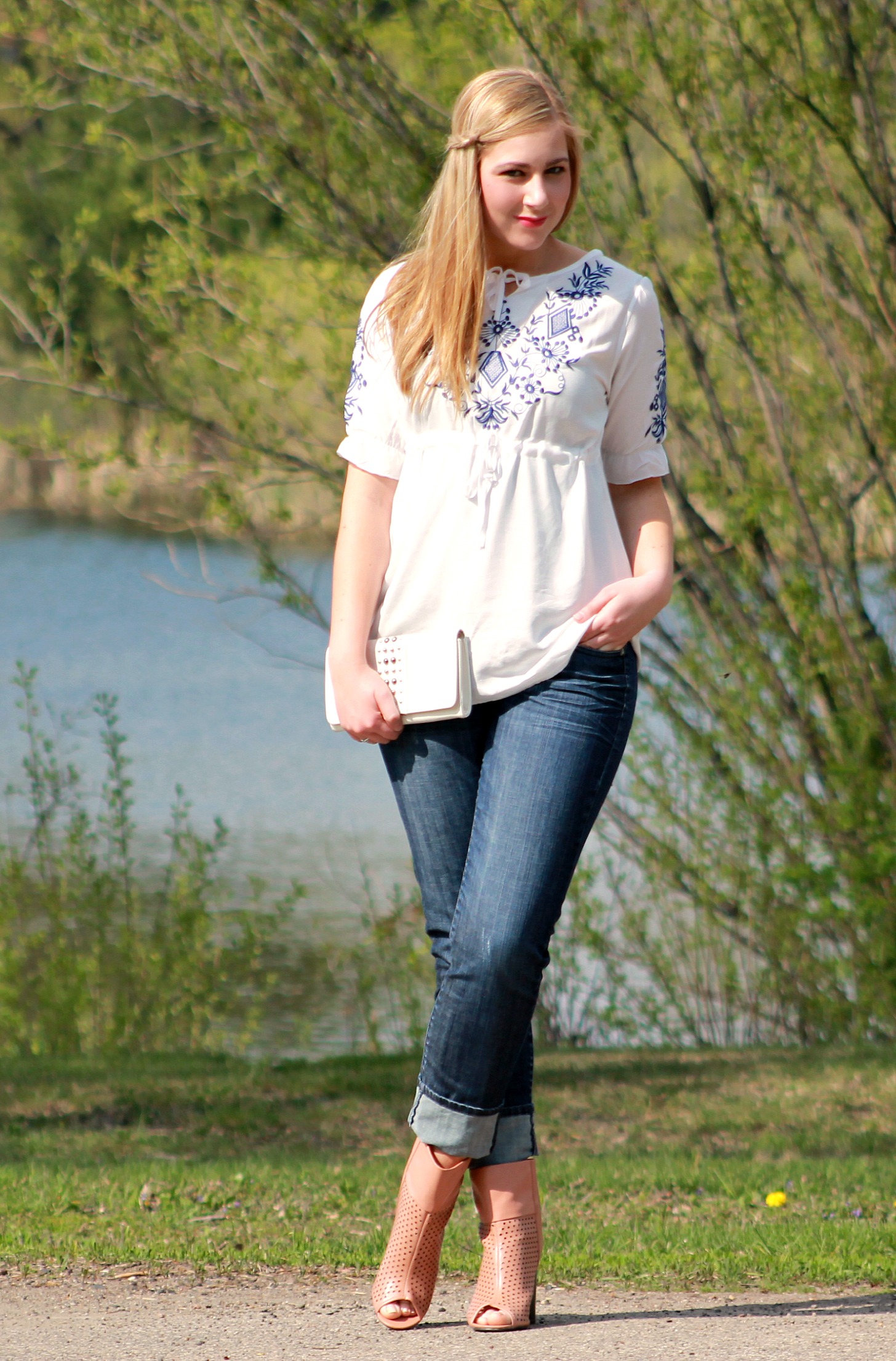 White Top + Cuffed Jeans + Open Toe Booties