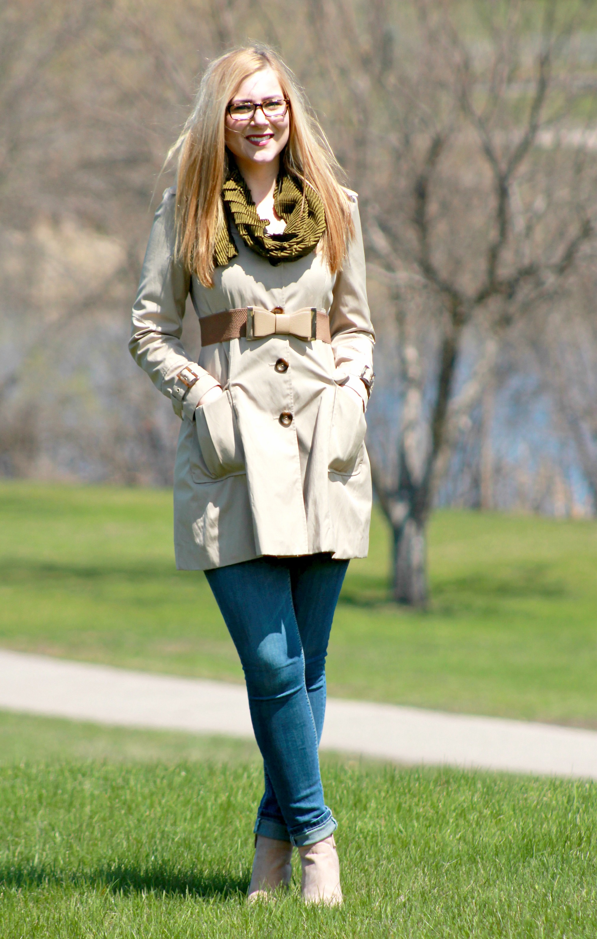 olive green scarf + trench coat