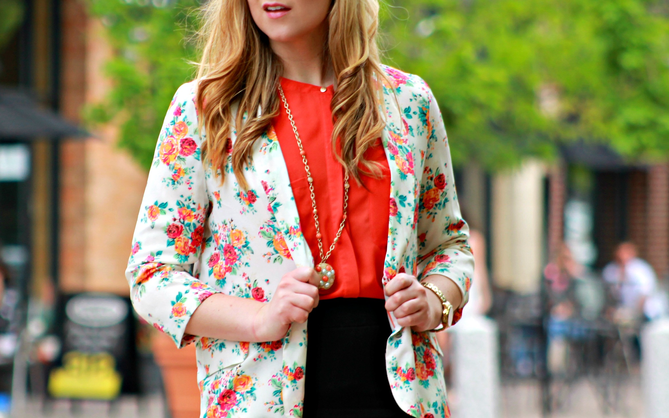 Floral Blazer + Long Gold Chain Necklace