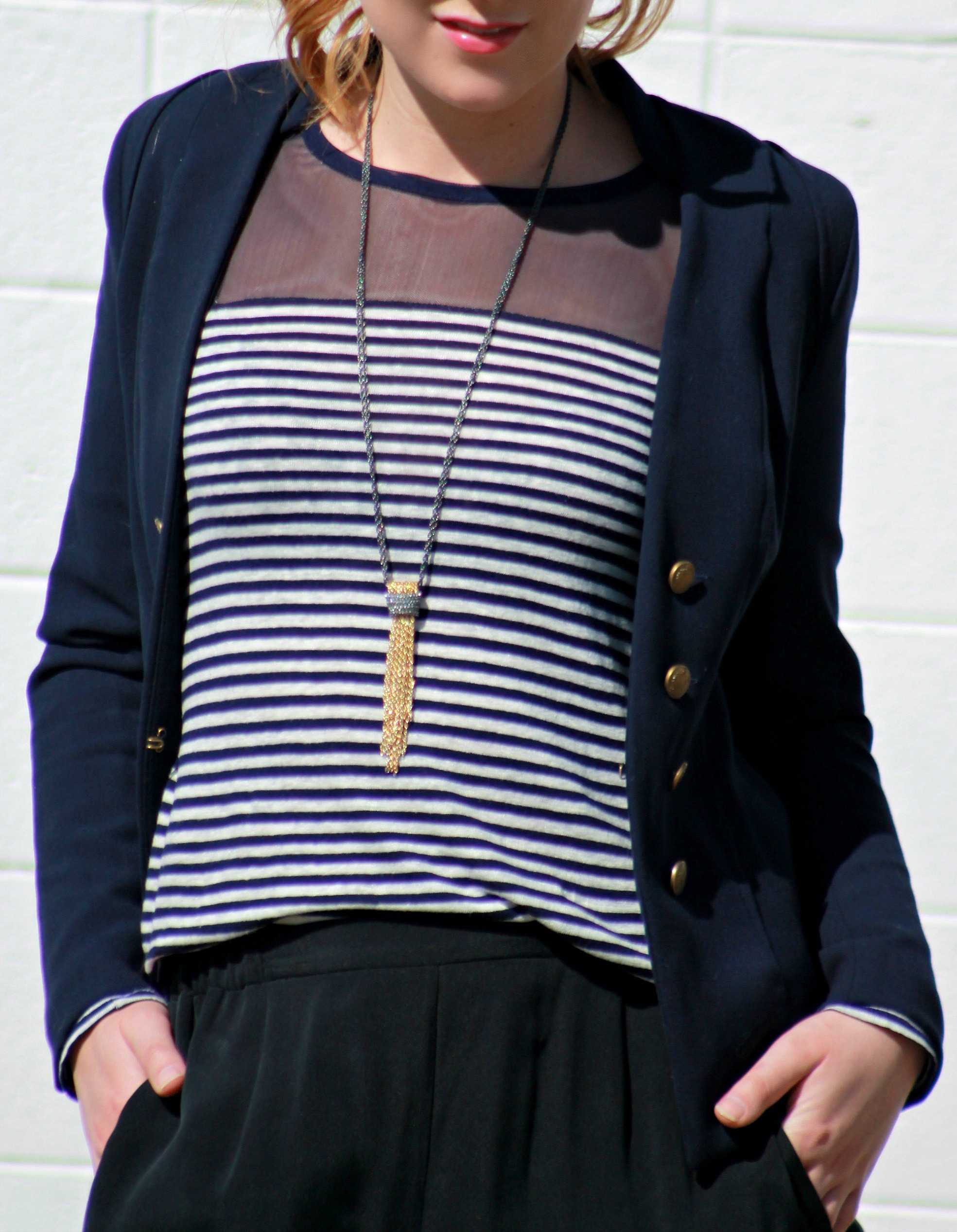Navy Striped Mesh Shirt + Navy Blazer + Tassel Necklace