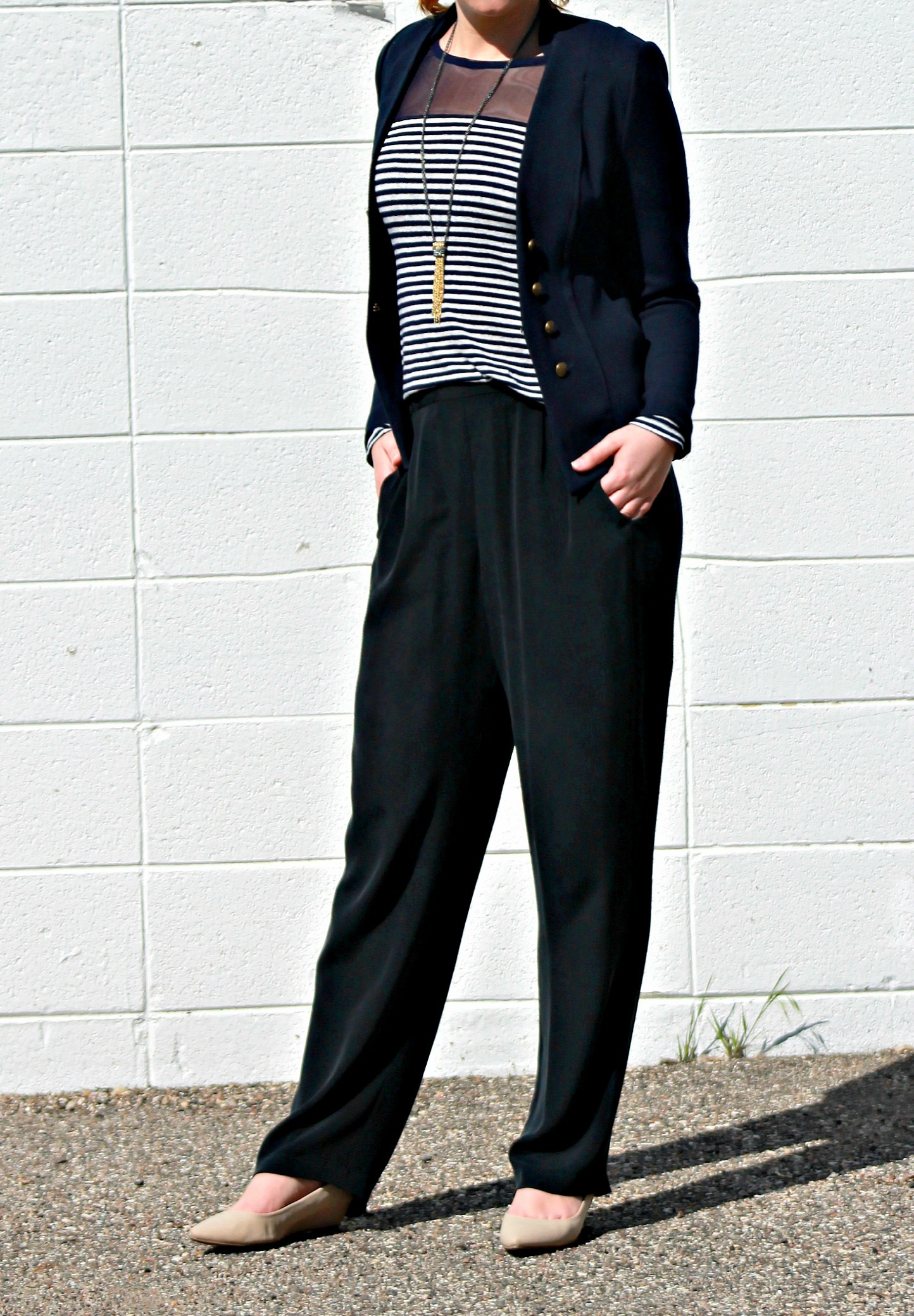 Wide Leg Trousers + Striped Shirt + Navy Blazer