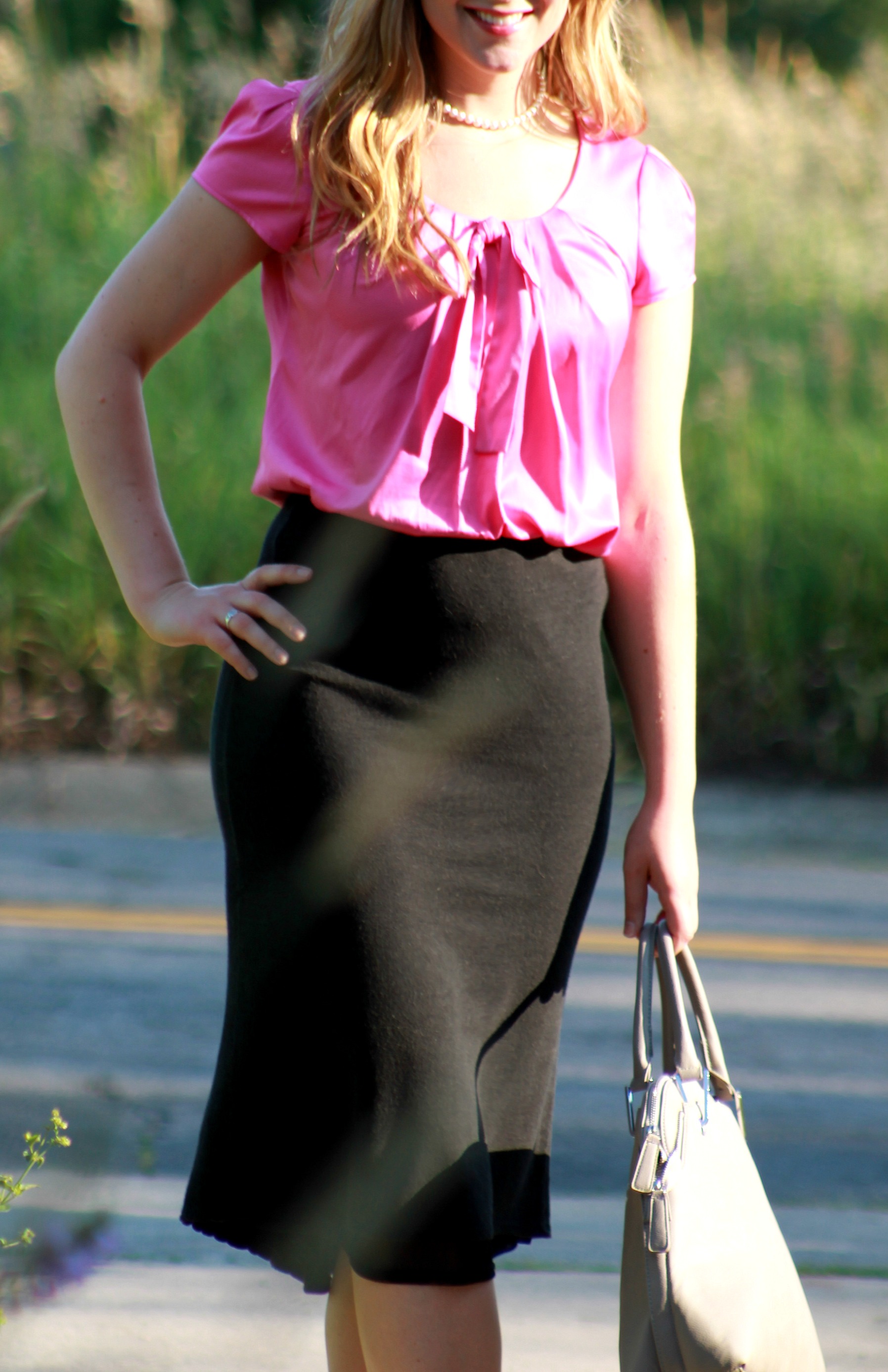 pink bow tie top + midi skirt