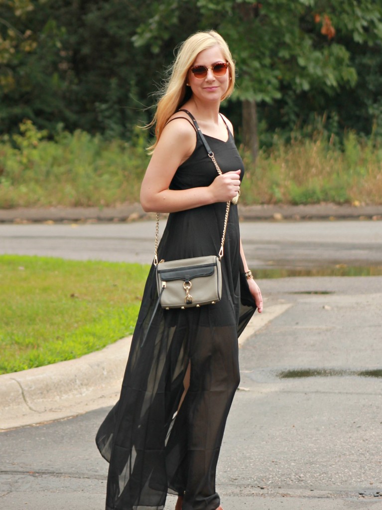 black maxi dress and rebecca minkoff mini mac