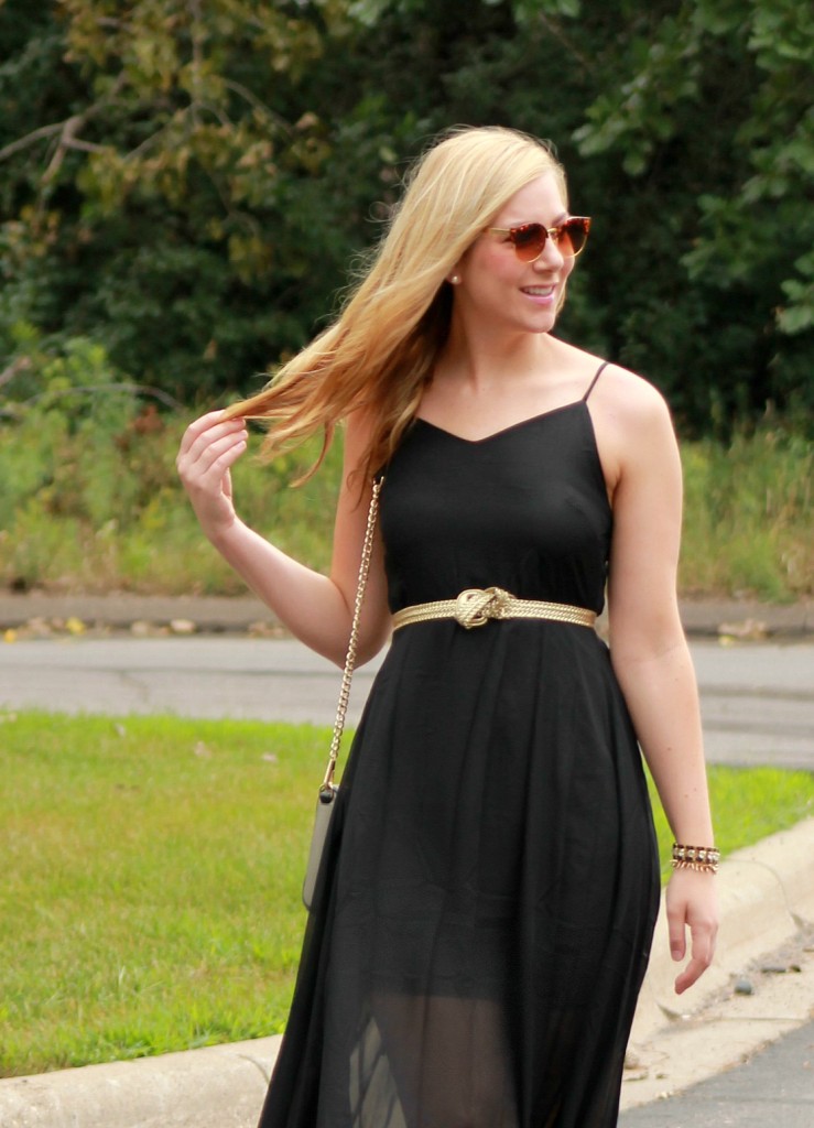 black maxi dress and vintage sunglasses