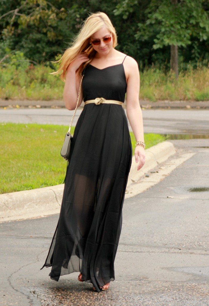 black maxi dress with gold belt