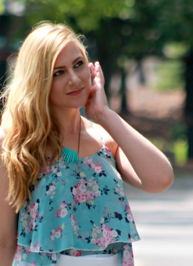 blue oasap floral blouse + blue spike necklace