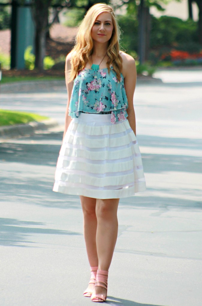 floral blouse + white skater skirt + strappy wedges