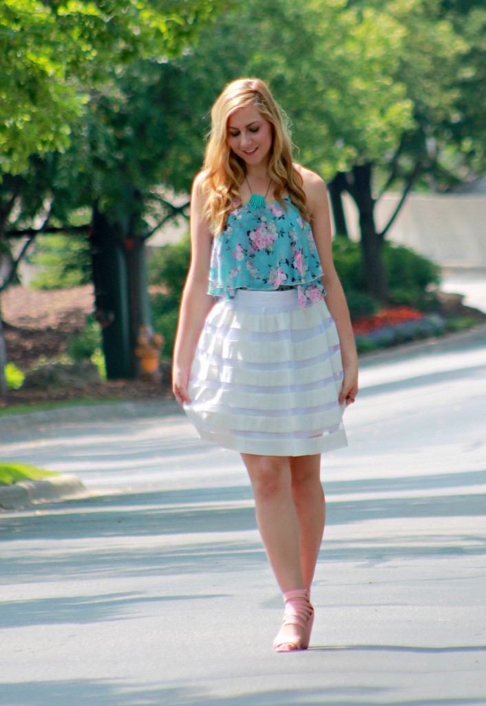 floral tank and white skater skirt