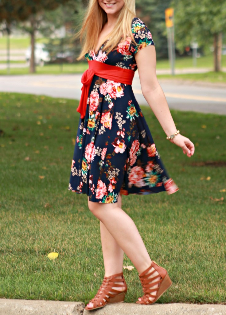 navy blue floral dress with red bow
