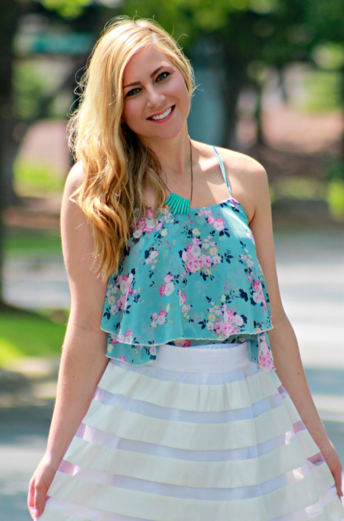 summer floral blouse and white skirt