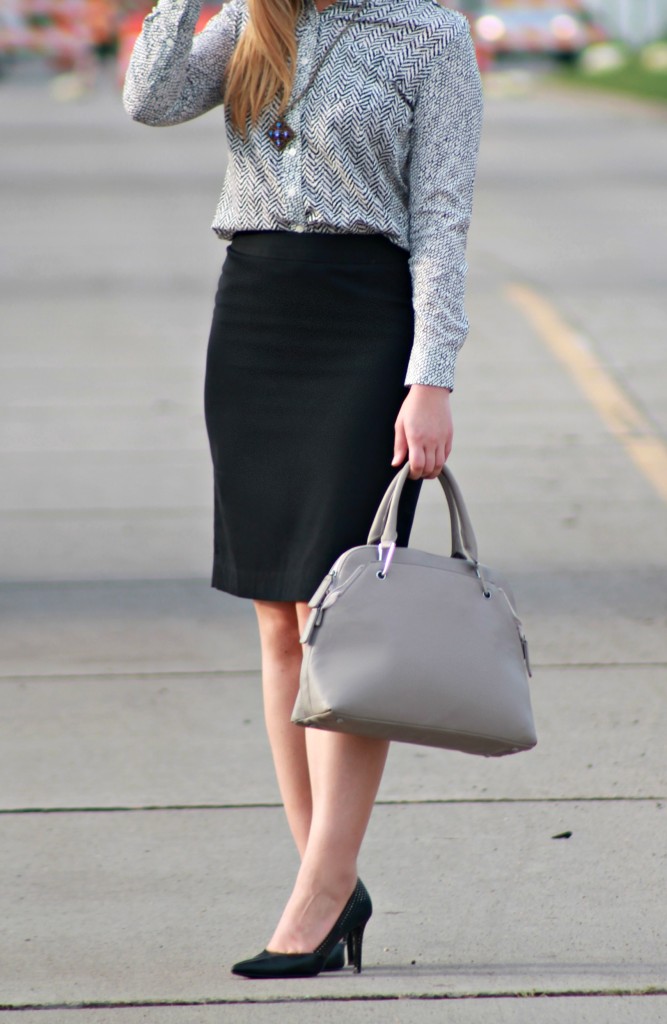 Gray Handbag + Black heels
