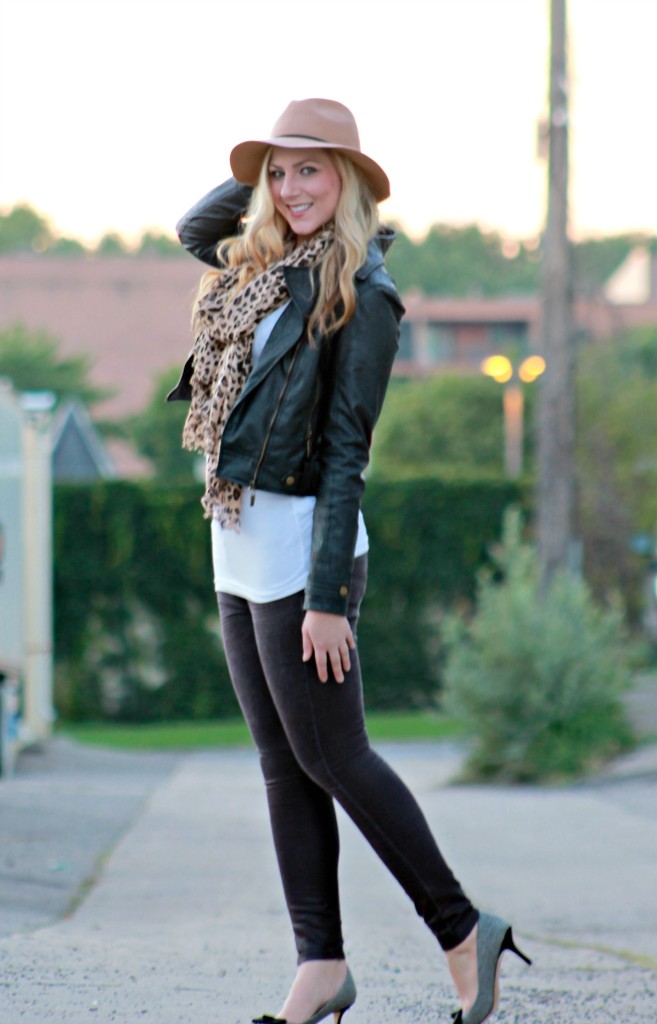 fall outfit leopard scarf + bow heels