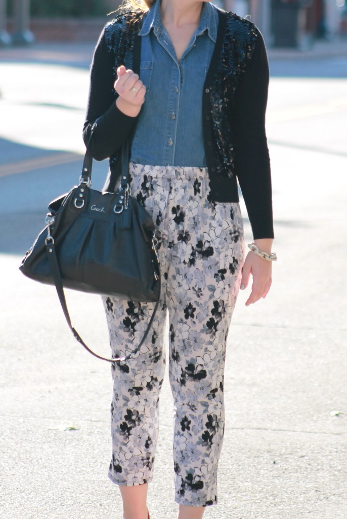 floral pants and sequin cardigan