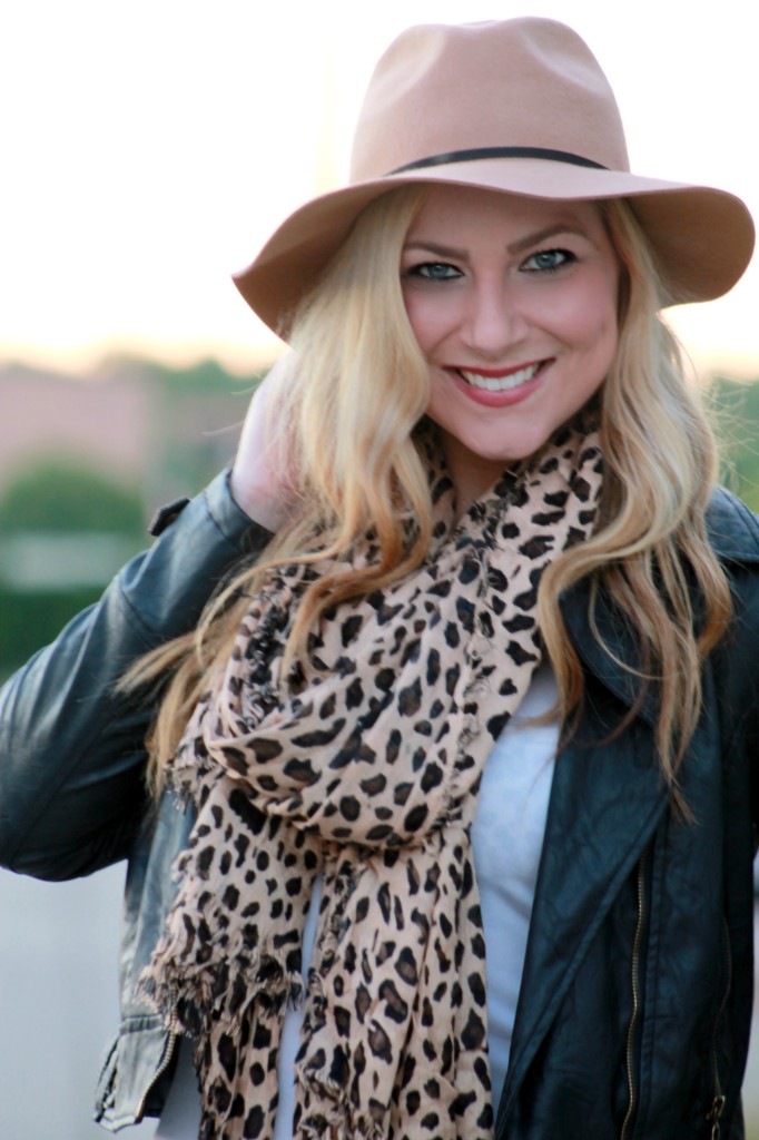leopard scarf + leather jacket