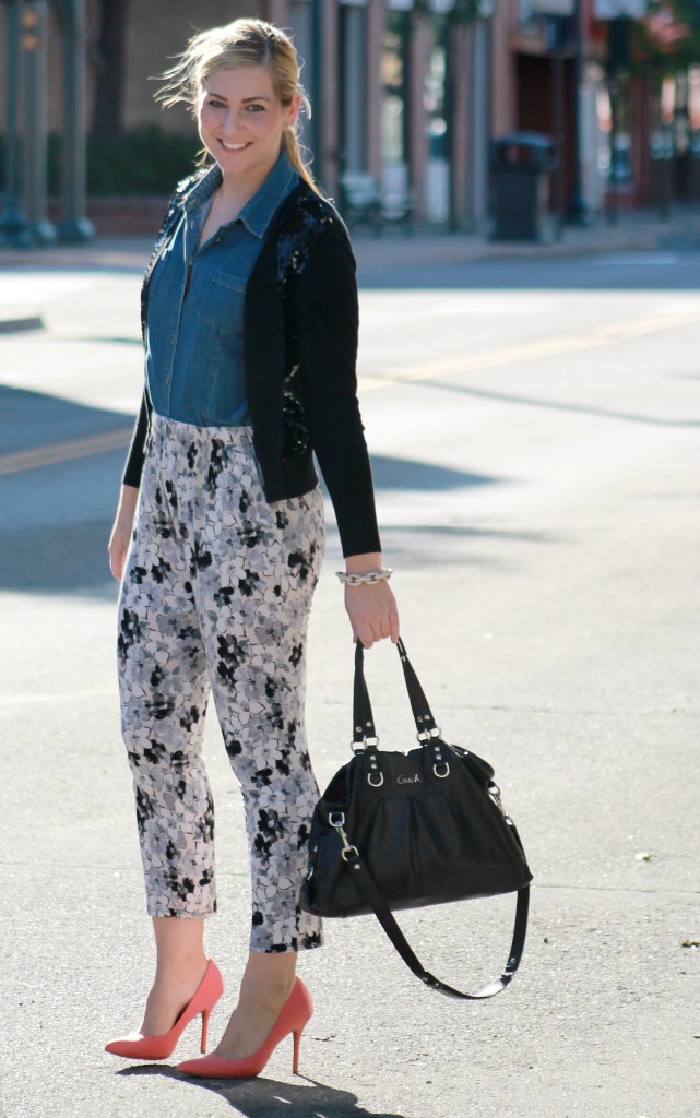work style floral pants + chambray top + coral heels