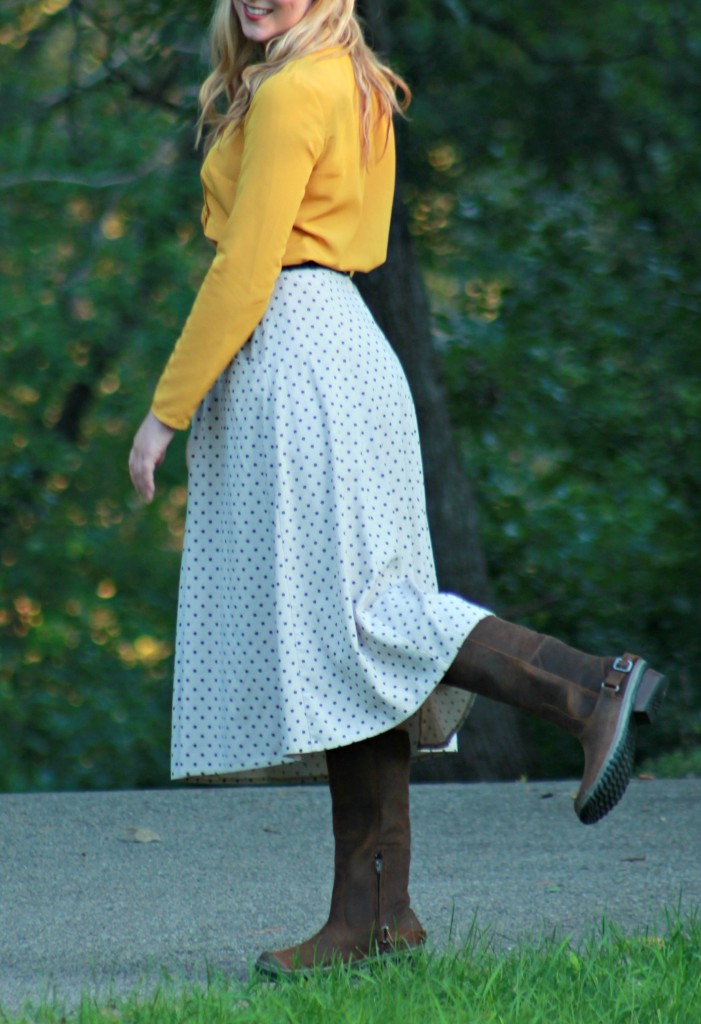 SOREL Slimboot boots, polka dot skirt and mustard yellow blouse