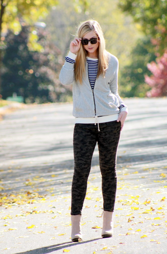 Striped top, bomber jacket and camo jeans