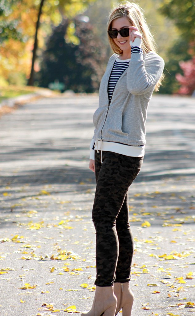bomber jacket, striped top, camo jeans and beige booties