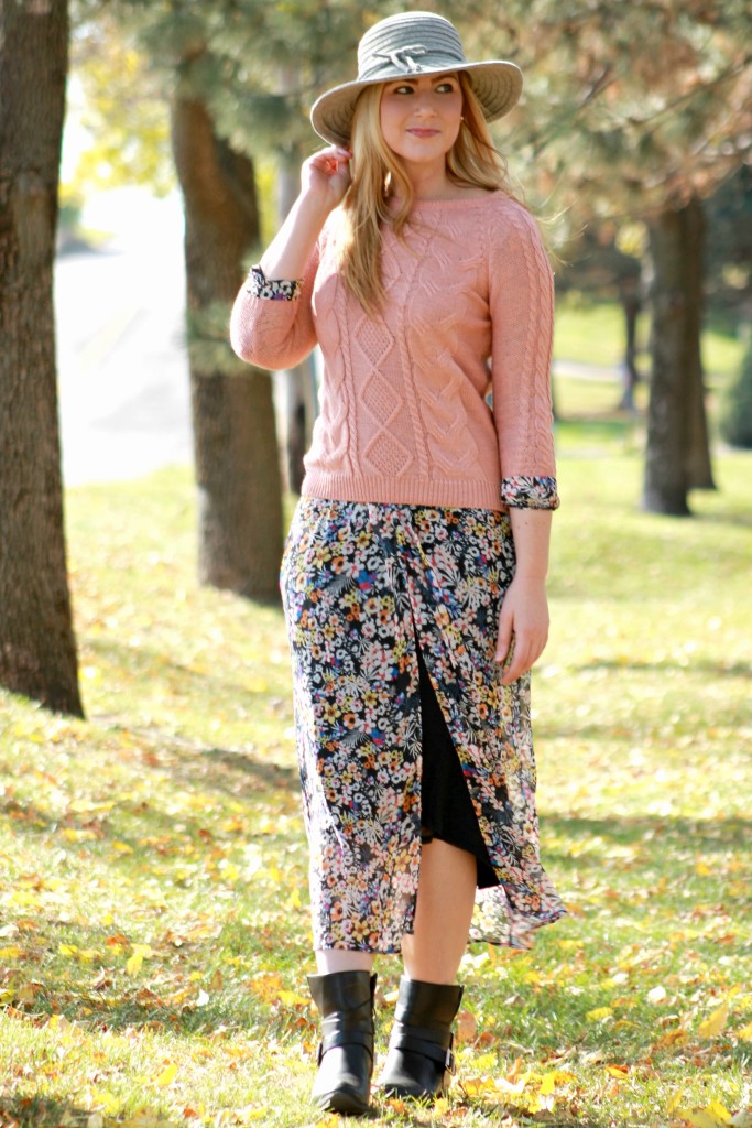 cable knit sweater + maxi dress + booties