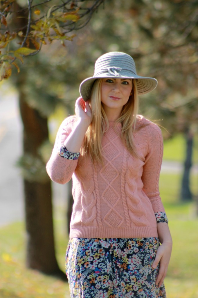 peach cable knit sweater + floral dress