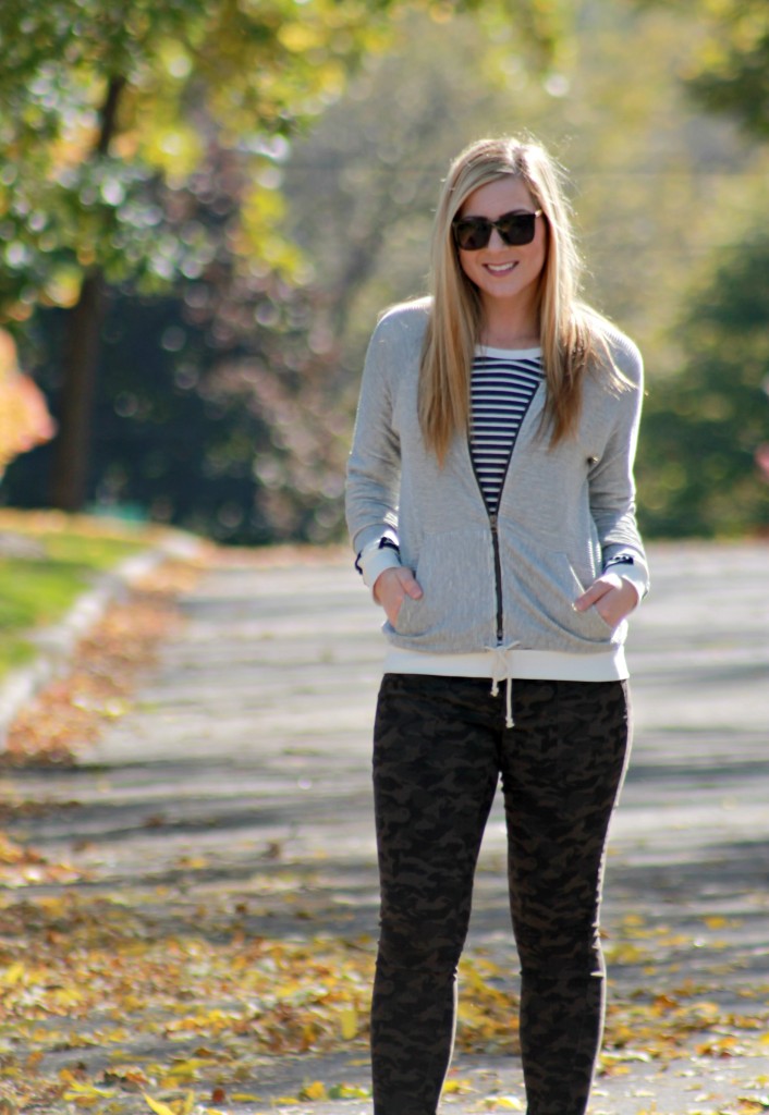 striped top + camo pants