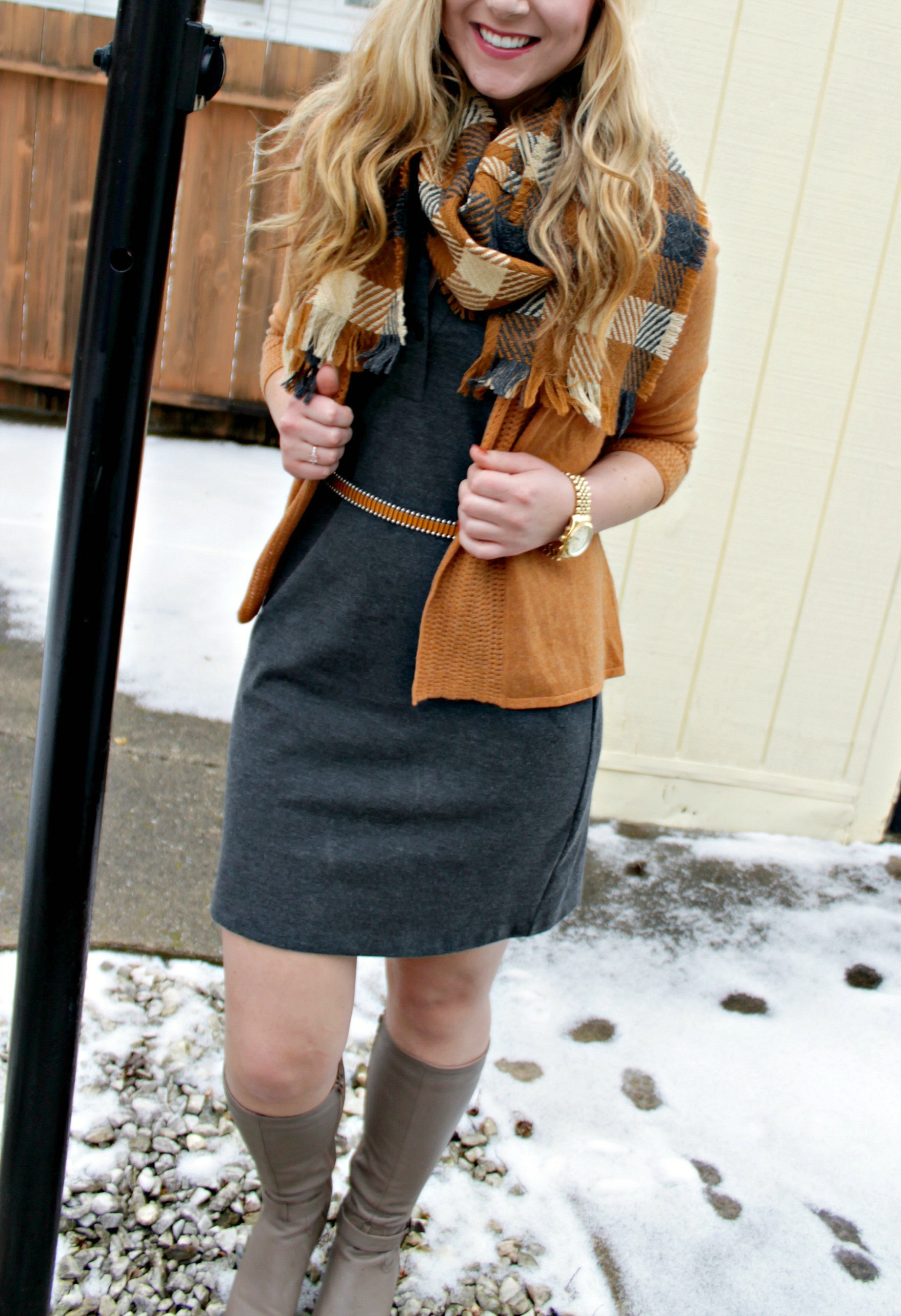 Winter Style gray dress, cashmere cardigan, boots, checkered scarf, gold watch