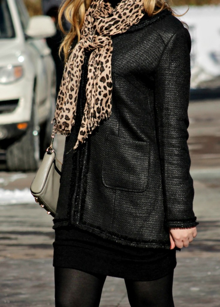 black jacket + leopard scarf