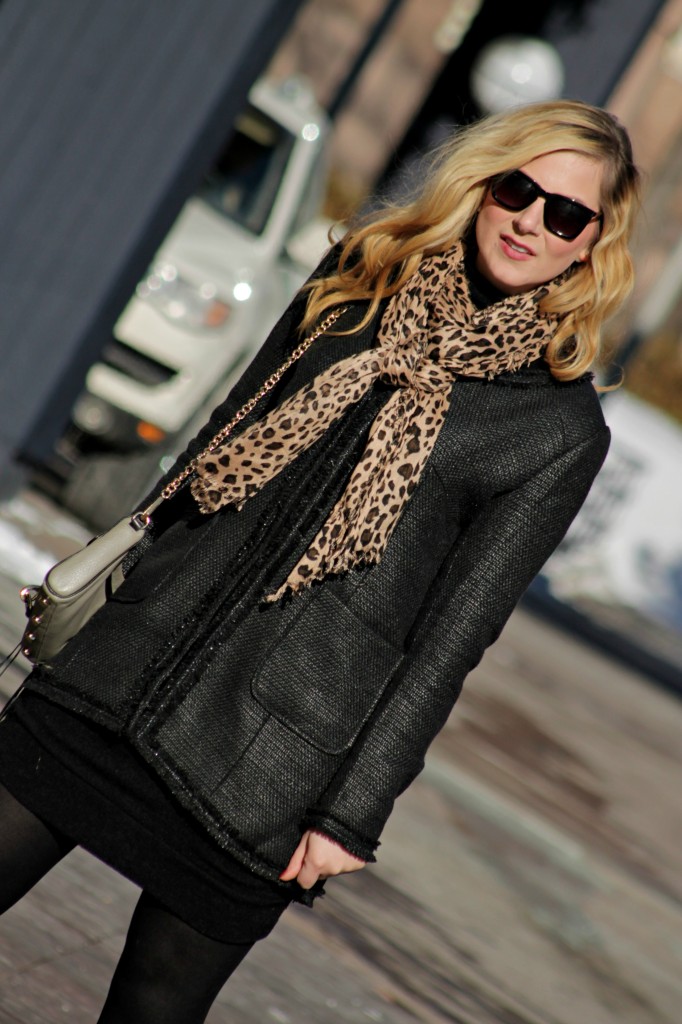 black sweater dress & leopard scarf