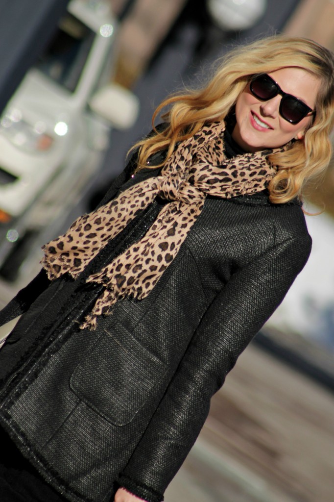 leopard scarf + black tweed jacket