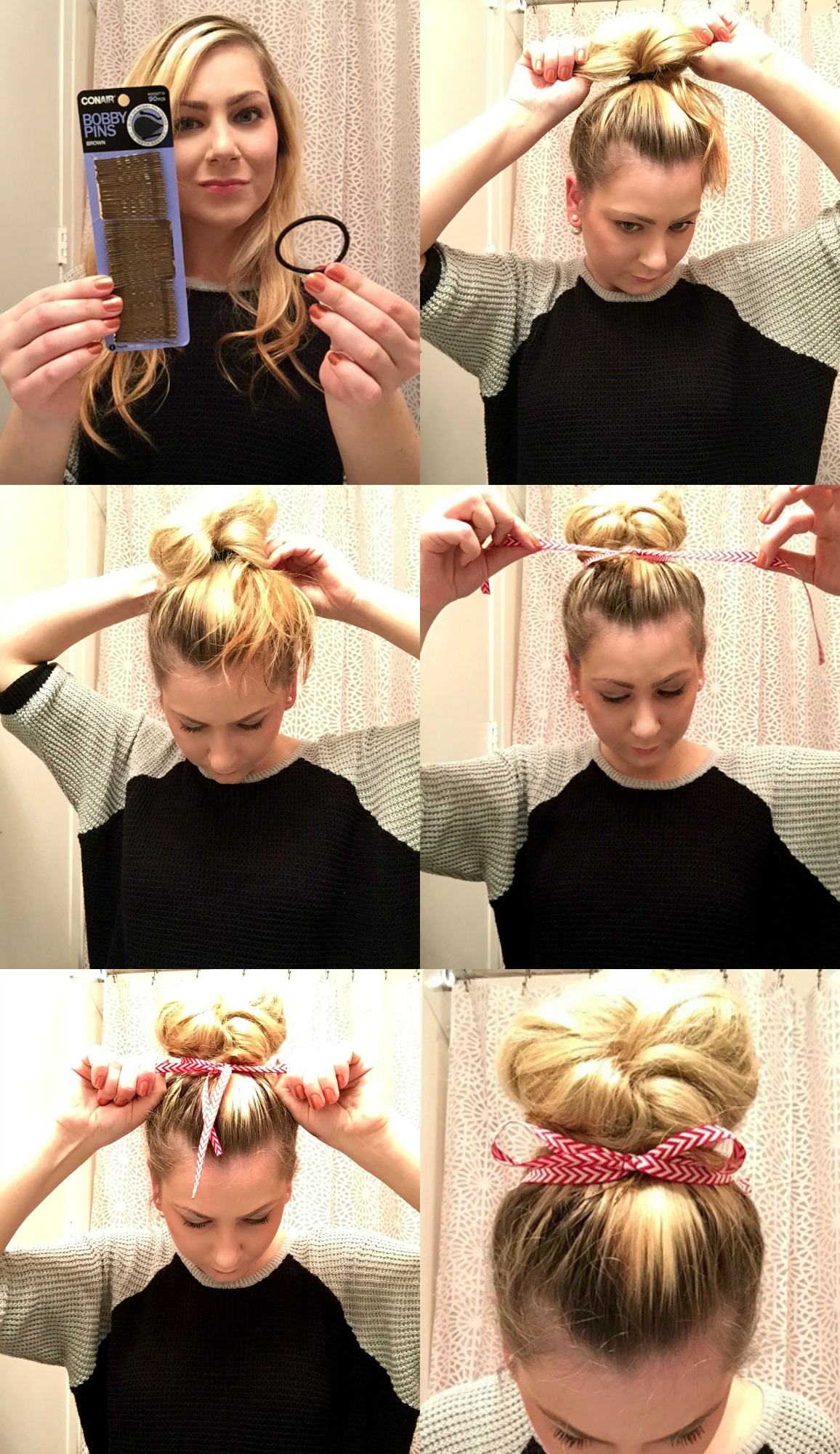 messy bun with red bow