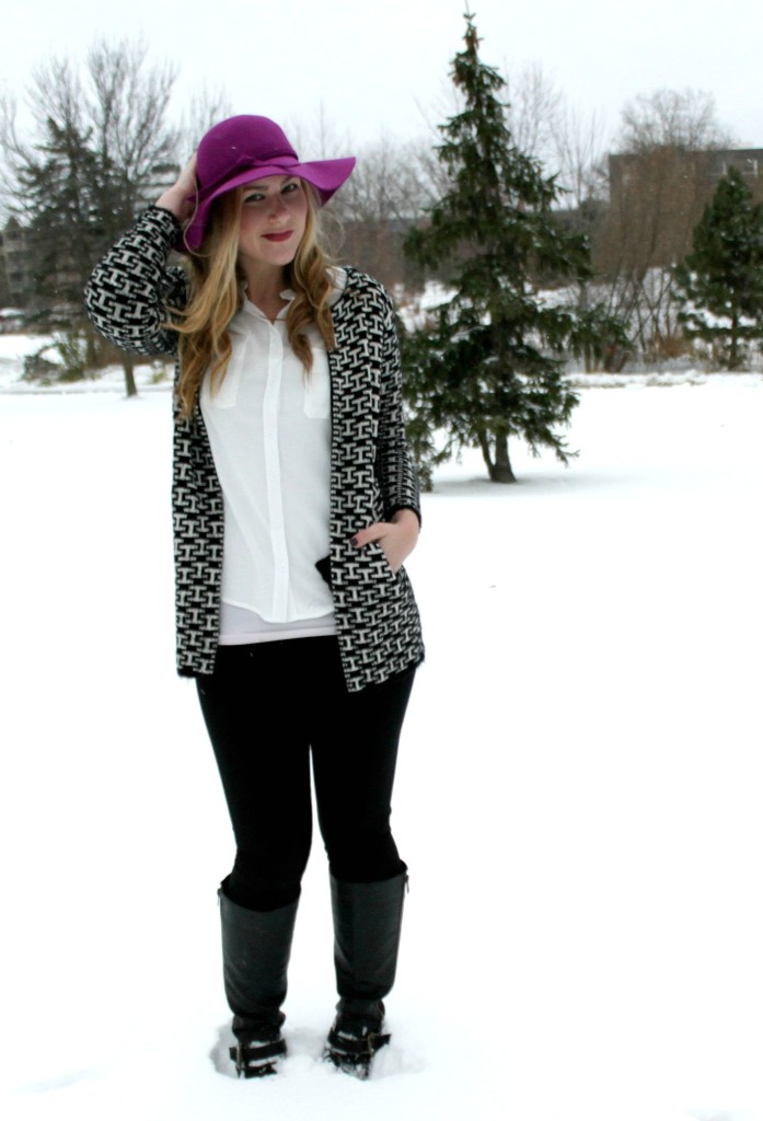 winter snow outfit floppy hat, black & white jacket, leggings and boots