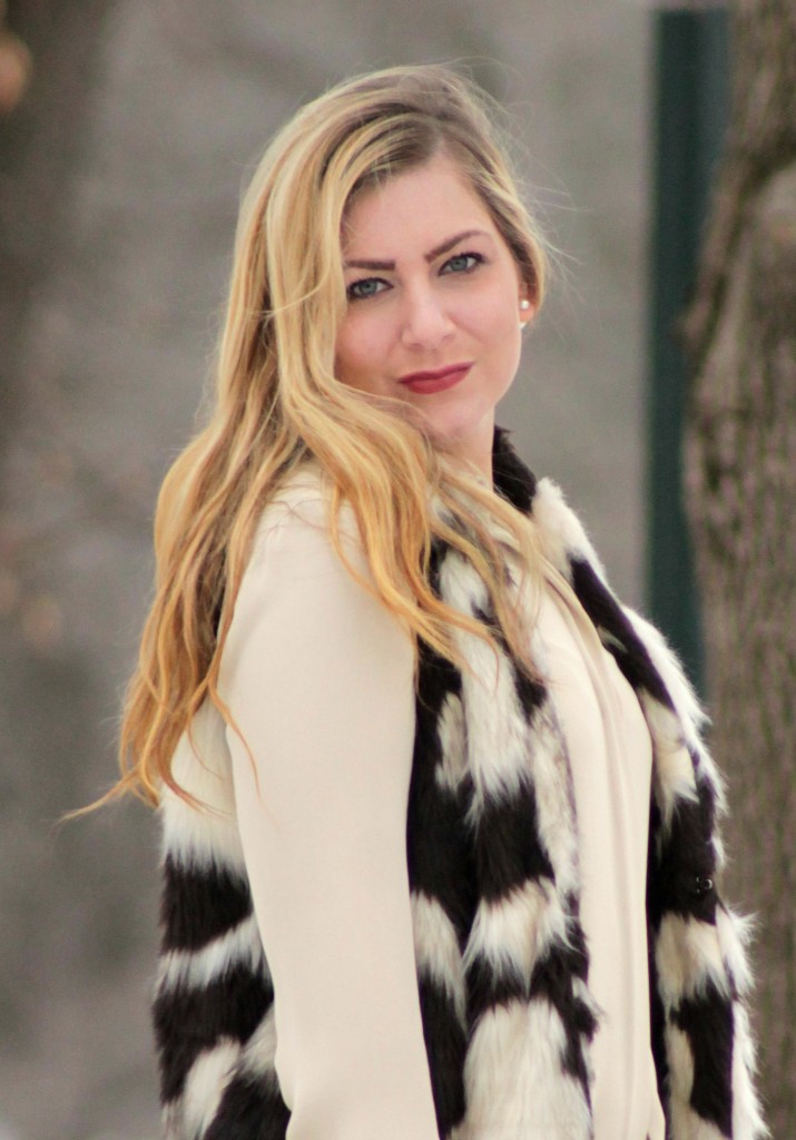 beige blouse + multicolor fur vest