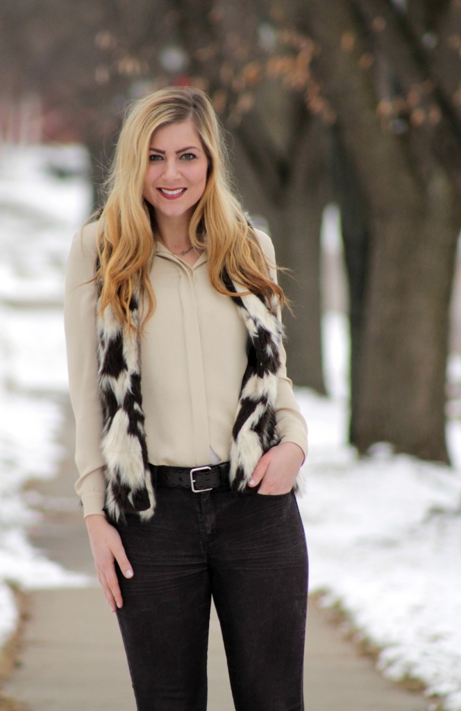 faux fur vest + beige blouse + coated denim