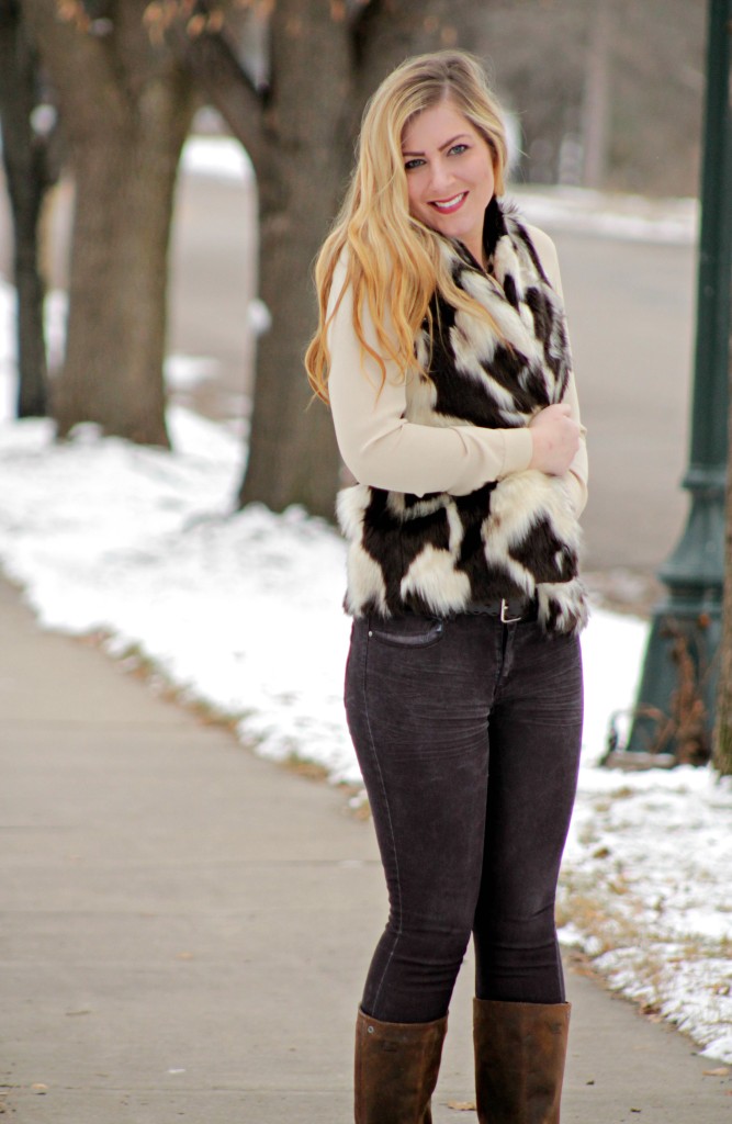 faux fur vest + denim + boots