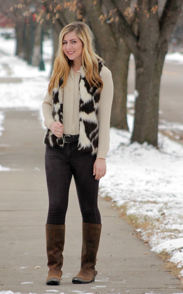 faux fur vest and SOREL boots