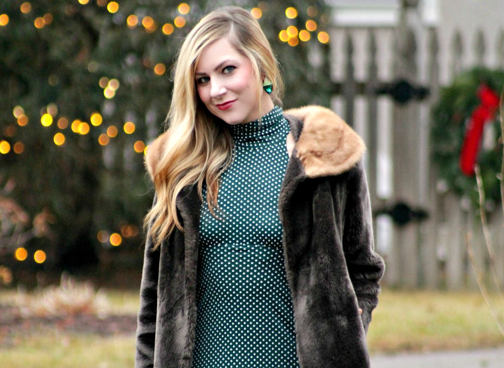 holiday-style-with-faux-fur-and-green-polka-dot-dress-1024x749