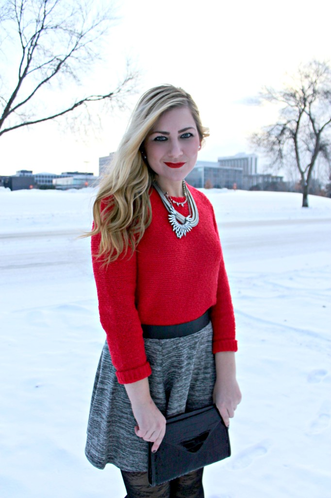 red sweater + necklace + skirt from H&M