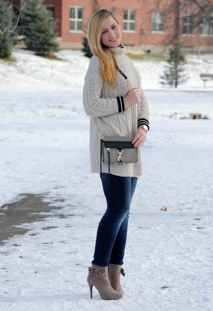 winter style sweater layered over turtleneck + booties