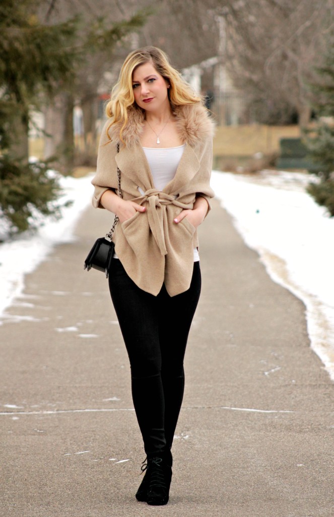 faux fur cardigan and black jeans